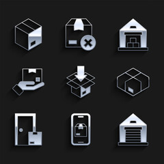 Set Carton cardboard box, Mobile app delivery tracking, Warehouse, Home services, Delivery hand with, and icon. Vector