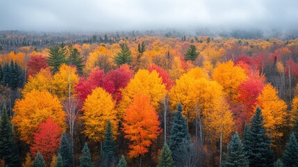 Fototapeta premium Aerial view of autumn forest, misty mountains
