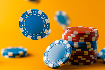 Blue and Red Poker Chips on Yellow Background