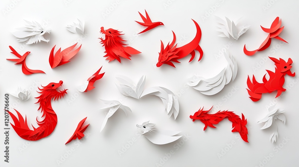 Aufkleber vibrant paper art displaying red and white mythical creatures in dynamic formations with intricate l