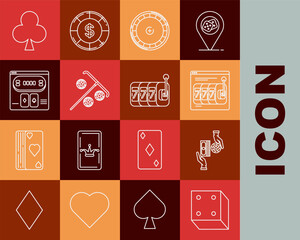 Set line Game dice, Online slot machine with lucky sevens jackpot, roulette wheel, Stick for, poker table game, Playing card clubs symbol and Slot icon. Vector