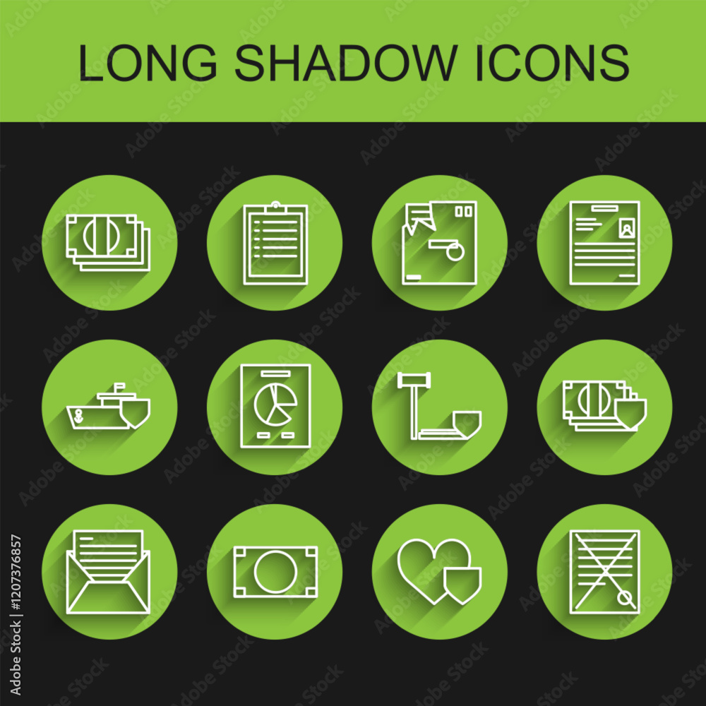 Poster set line mail and e-mail, stacks paper money cash, heart with shield, delete file document, document