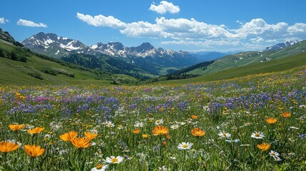 Alpine Wildflower Meadow with Majestic Mountain Range