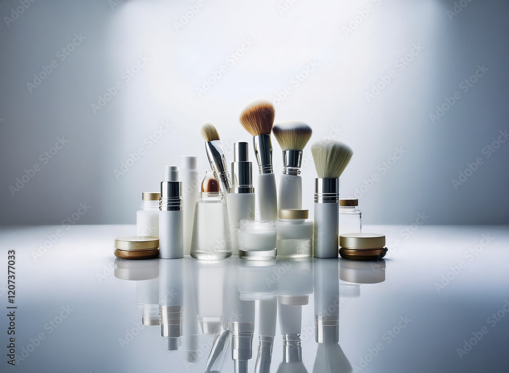 Poster A collection of pristine white cosmetic containers and makeup brushes are artfully arranged on a reflective surface, illuminated by soft light.  The minimalist aesthetic emphasizes the products' elega
