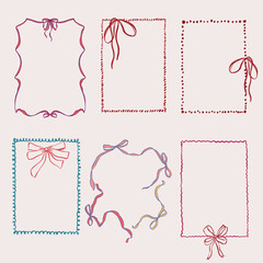 Vector frame set of blue and red bows. Hand-drawn gift bow isolated on white background. Holiday illustration for design, print, fabric or background.