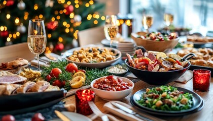 Fototapeta premium Festive Christmas Dinner Table Setting With Delicious Food