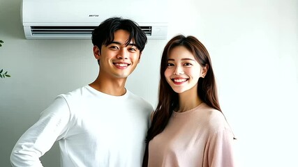 A smiling Asian couple posing beside their air conditioner in a bright and airy living room, their comfortable surroundings reflecting their happiness.