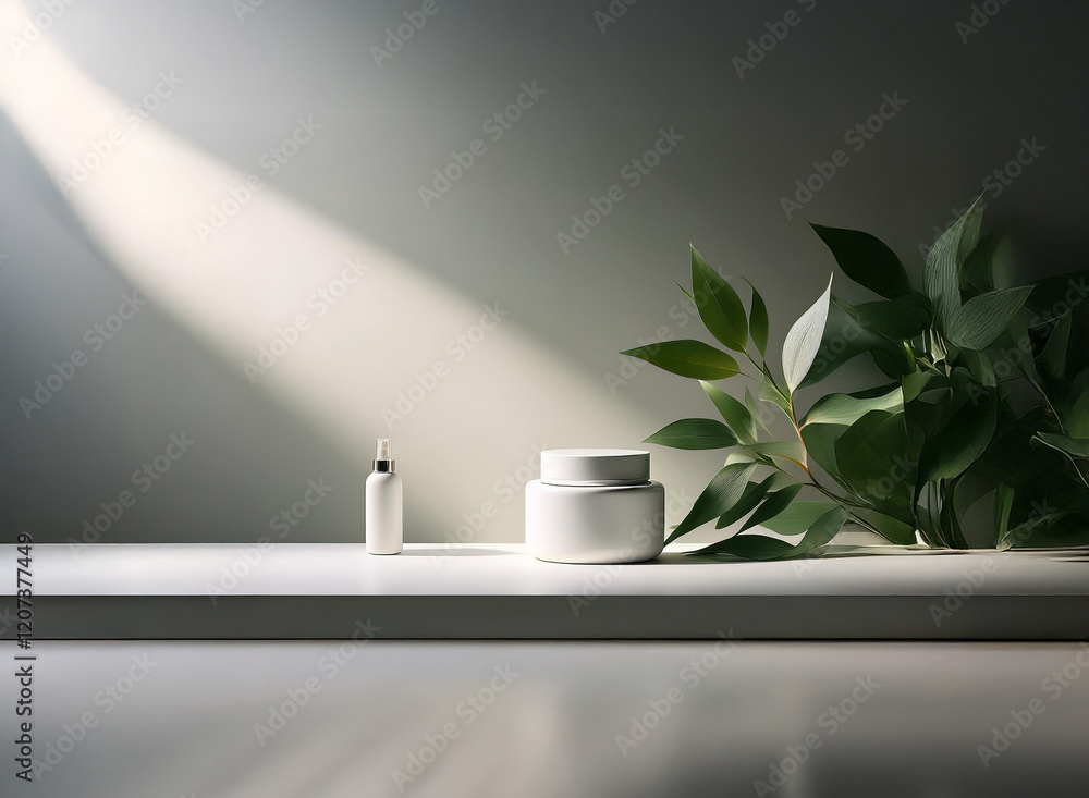 Poster sunlit minimalist scene featuring skincare products: a jar and a bottle, elegantly displayed with gr