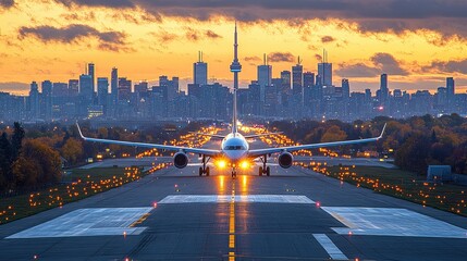 Airplane takeoff, Toronto skyline sunrise