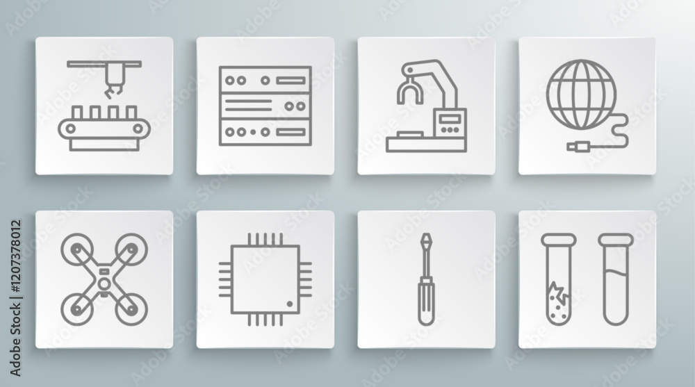 Poster set line drone flying, web hosting, processor with microcircuits cpu, screwdriver, test tube and fla