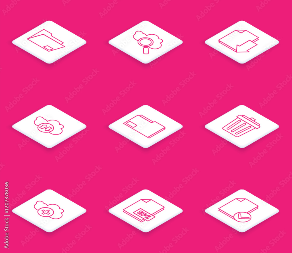 Poster set line document folder, search cloud computing, with download, cloud and upload, trash can, add an