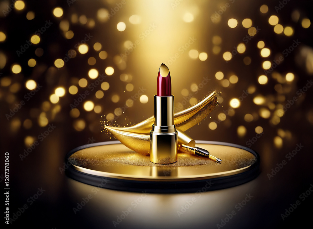Poster luxurious gold lipstick with red pigment, elegantly displayed on a golden platform against a shimmer