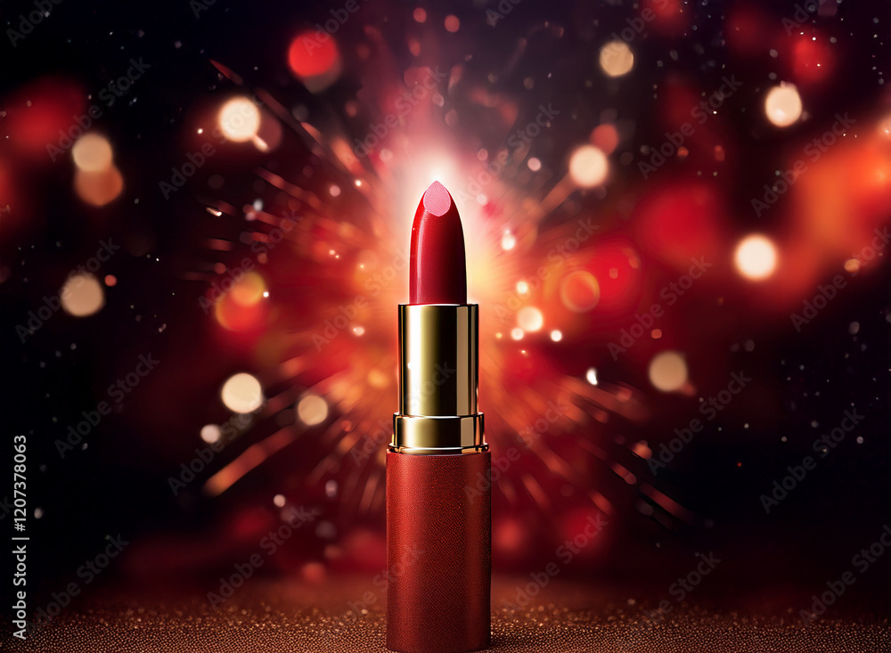 Poster a single tube of vibrant red lipstick stands against a backdrop of sparkling red and gold bokeh, cre