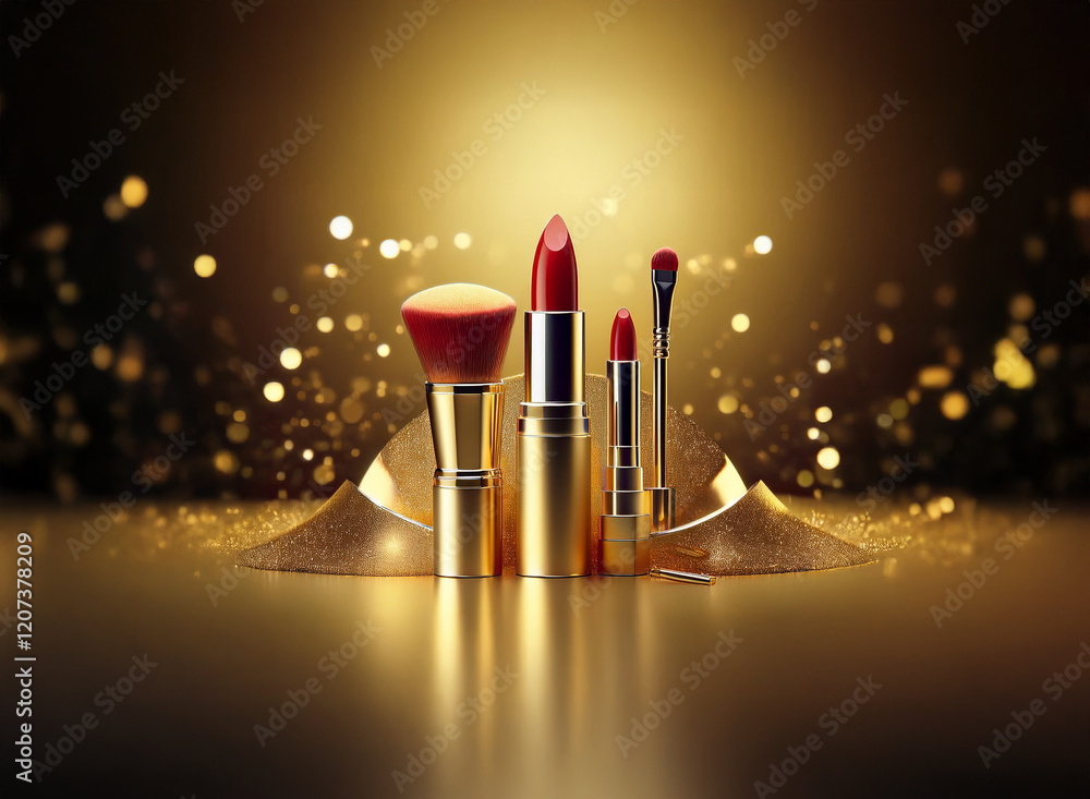 Poster luxurious red lipstick and gold makeup brushes displayed on a golden, glittering surface. sparkling 