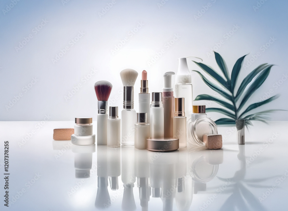 Poster a collection of skincare and makeup products arranged artfully on a reflective surface, with a tropi