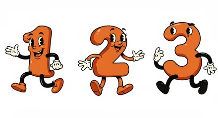 Fototapeta premium Playful cartoon numbers 1, 2, and 3 with smiling expressions and animated limbs