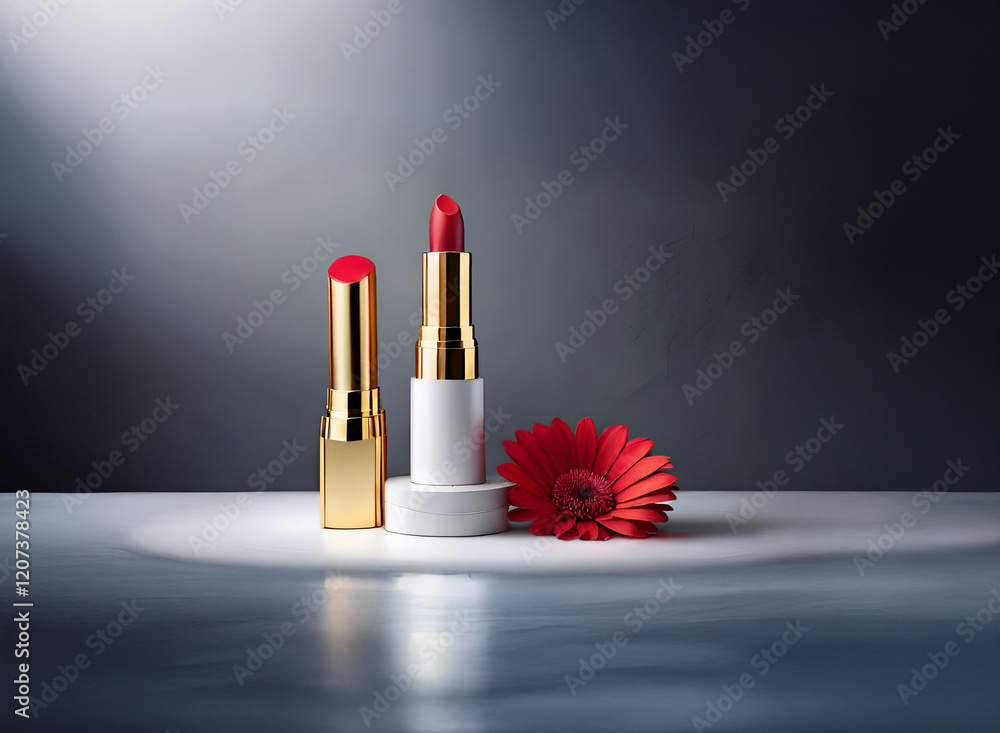 Poster two red lipsticks with gold accents sit on a white platform, next to a vibrant red gerbera daisy. th
