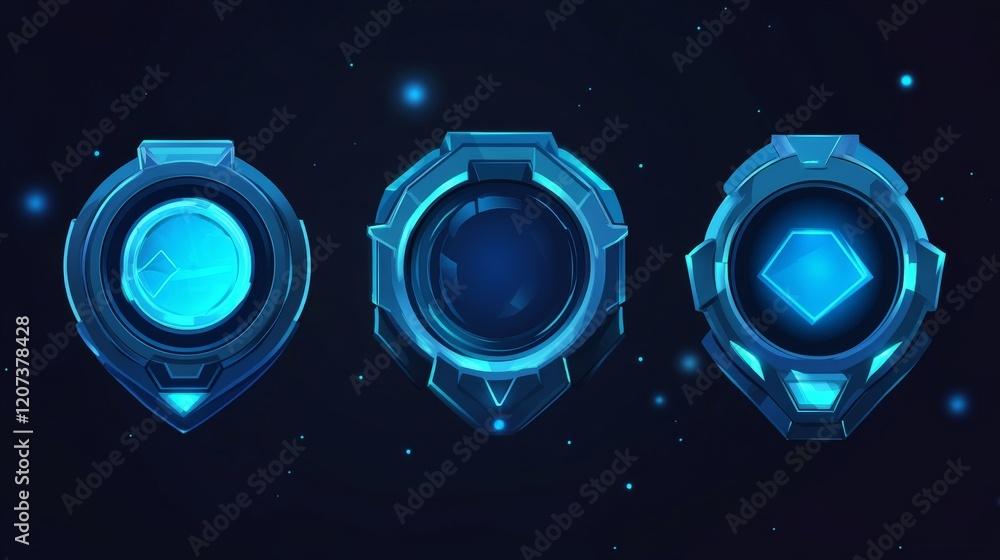 Poster futuristic badges with level number and experience points for game ui design. vector cartoon icons o