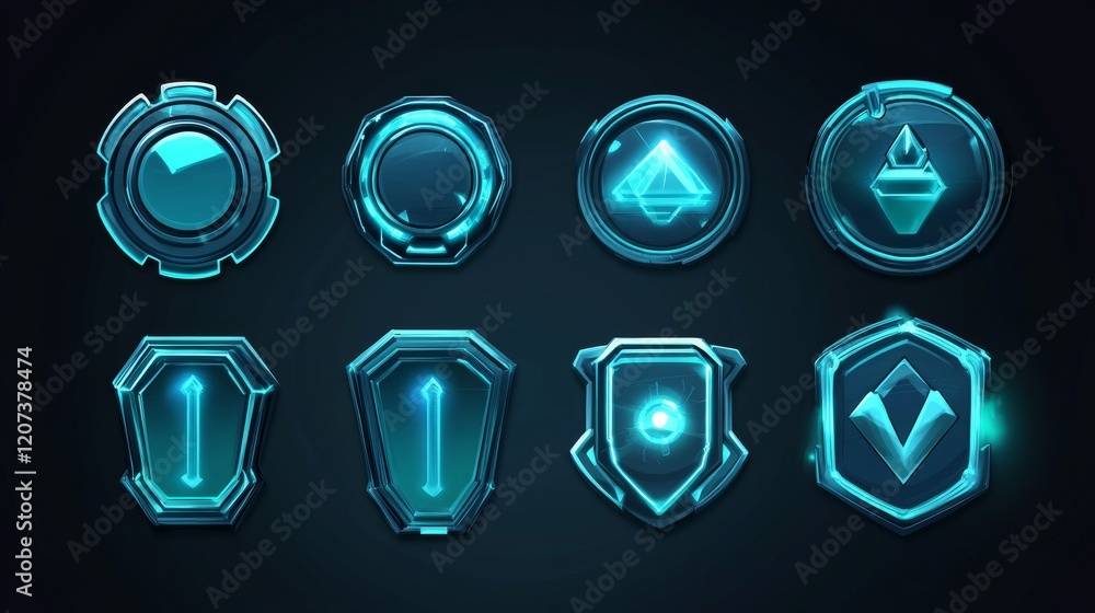 Poster futuristic badges with level number and experience points for game ui design. vector cartoon icons o