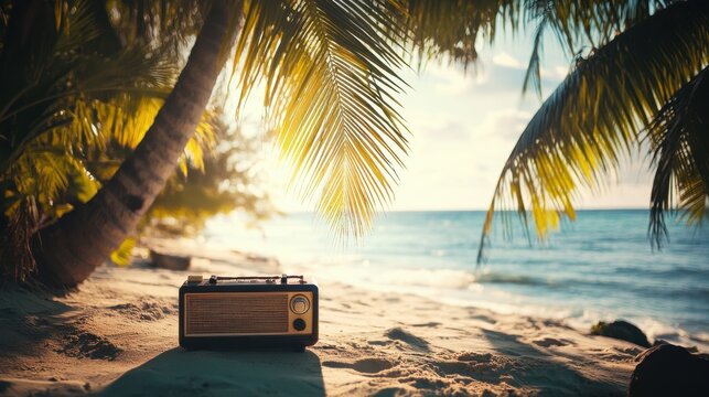 A serene summer beach setting with a portable radio emitting calming tunes, surrounded by coconut trees and warm sunlight reflecting on the ocean