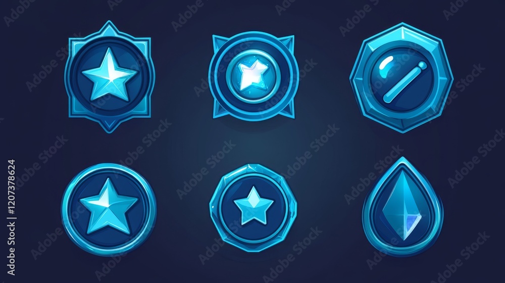 Poster futuristic badges with level number and experience points for game ui design. vector cartoon icons o