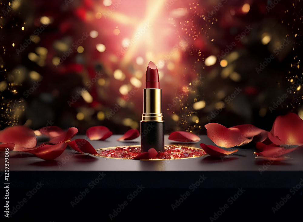 Aufkleber a single tube of rich red lipstick sits on a dark surface adorned with scattered rose petals and shi
