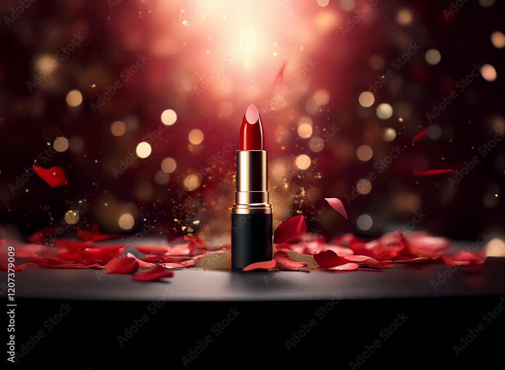 Aufkleber a single red lipstick stands elegantly amidst scattered rose petals and shimmering lights. the luxur