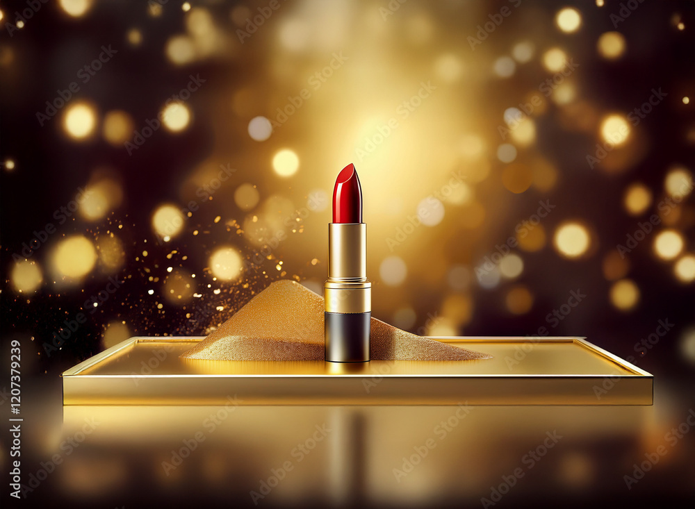 Poster a single red lipstick stands elegantly on a golden platform, nestled in a small pile of gold sand. t