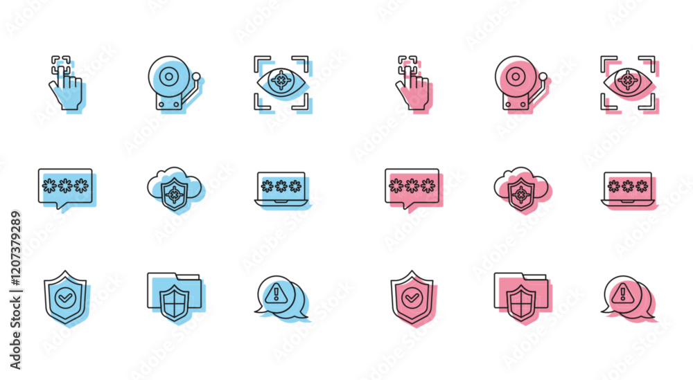 Poster set line shield with check mark, document folder protection, fingerprint, exclamation triangle, clou