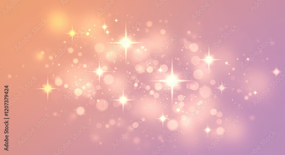 Poster glowing sparkles on soft pink and orange gradient bokeh background