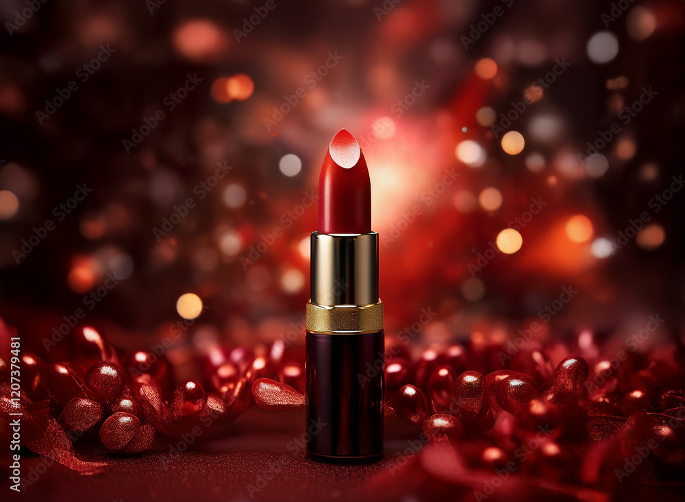 Poster a single tube of classic red lipstick stands out against a shimmering red backdrop, adorned with fes