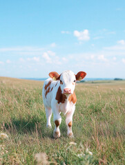 Obraz premium Red and White Calf in a Grassy Field