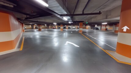 Underground car parking. Vector cartoon interior of empty basement garage with columns, road marking lots for automobiles and guiding arrows on wall. Car parking in mall or city house