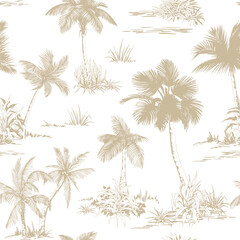 Seamless pattern with palm trees and leaves. Toile de Jouy style. Hand drawn vector illustration.