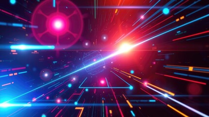 A vibrant digital background in futuristic sci-fi style, featuring bright lens flares, light streaks, and space elements. The aesthetic is one of advanced technology