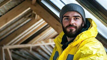 A builder in a protective suit installing mineral wool on the roof of an attic, looking at the camera with a friendly expression, highlighting his expertise.