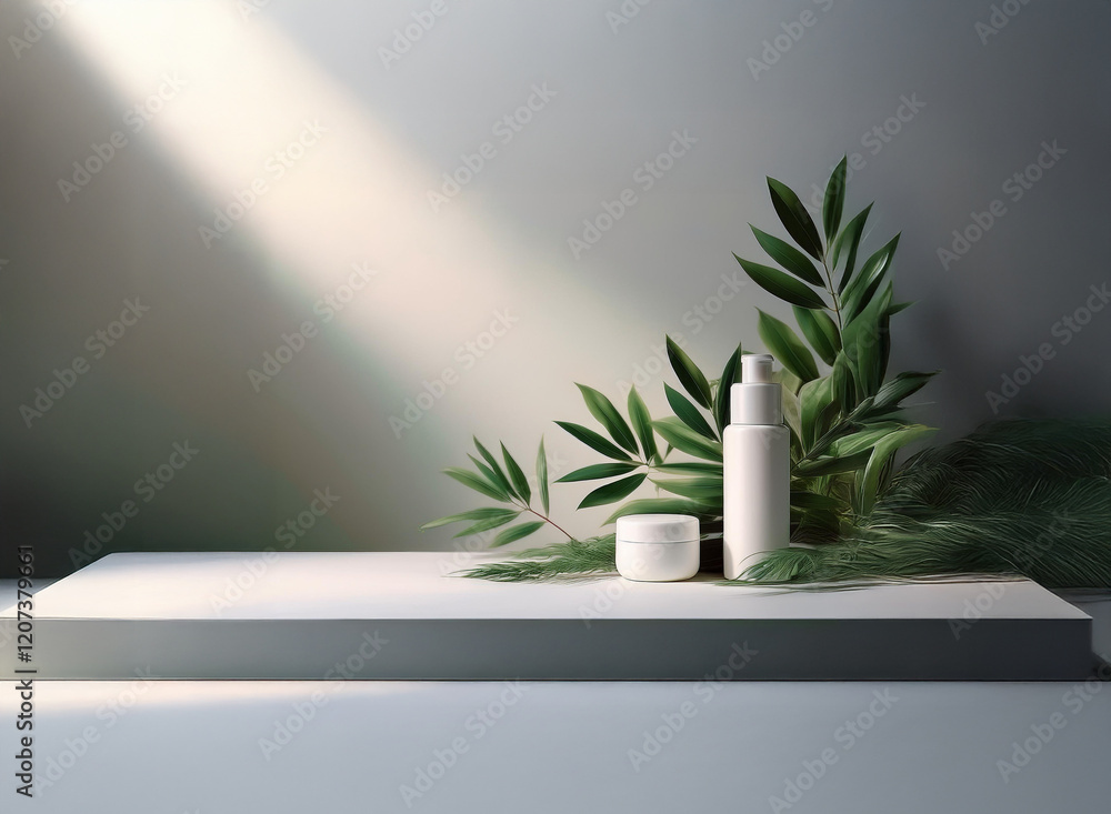 Poster elegant minimalist product display. white cosmetic containers sit on a platform with lush green leav