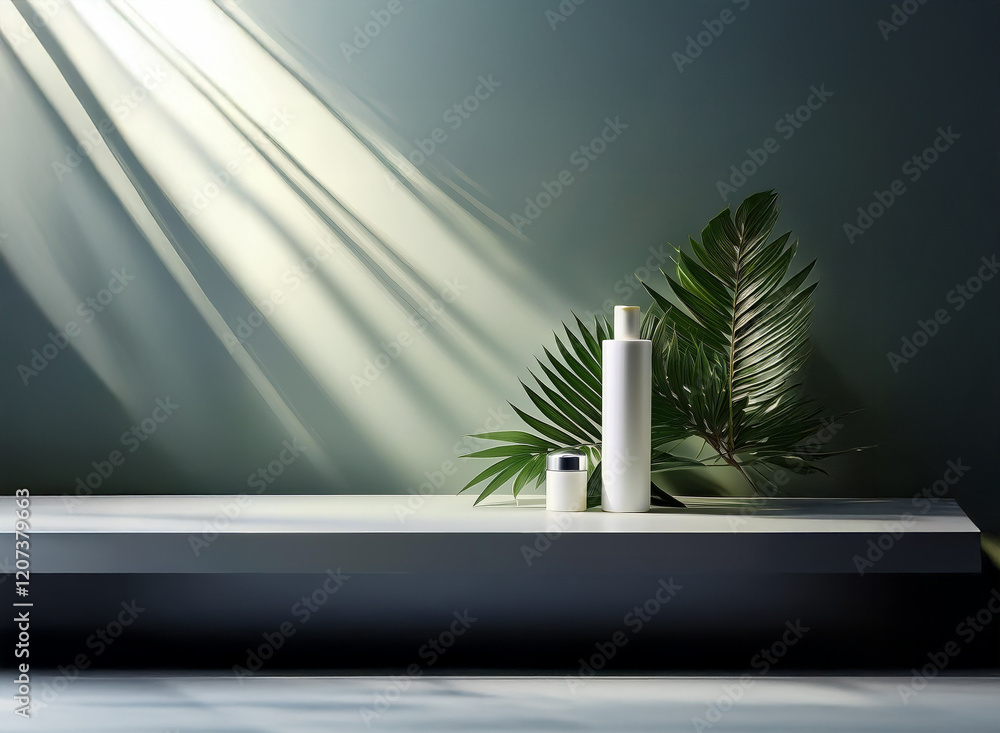 Poster sunlit minimalist scene. white cosmetic bottles and tropical leaves rest on a sleek shelf against a 