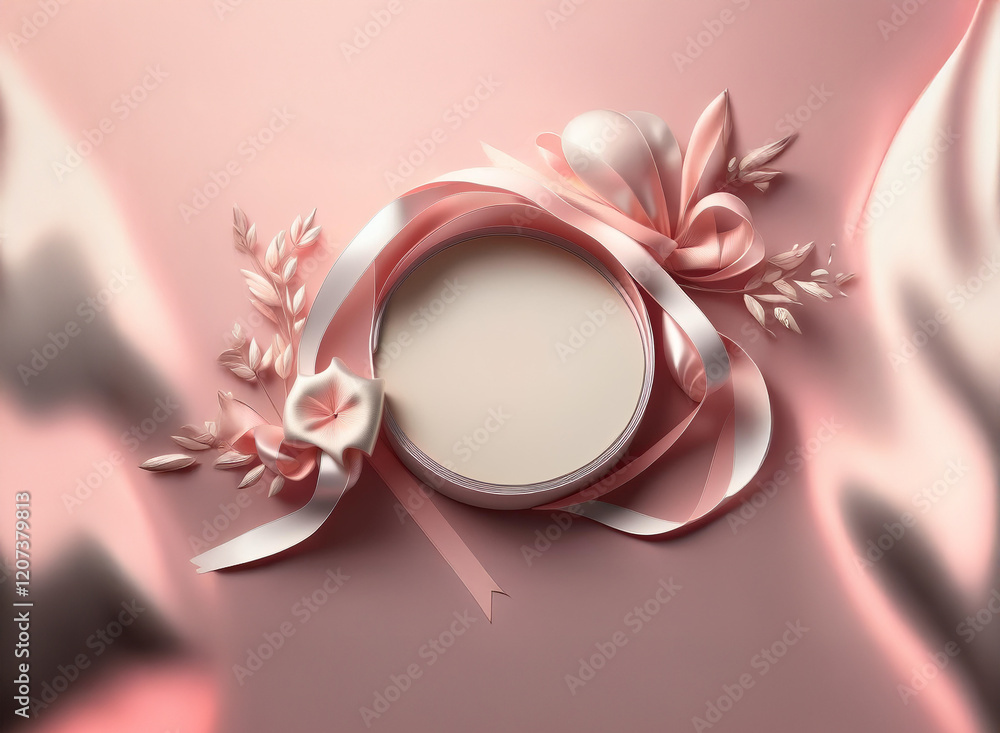 Poster elegant pink satin backdrop showcases a circular cream container adorned with delicate pink ribbons 