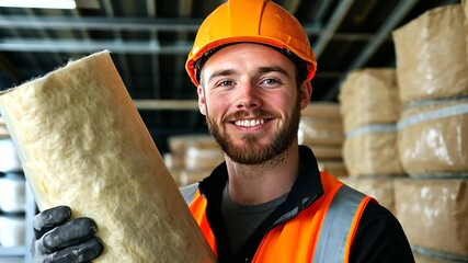 An attic insulation specialist holding a sheet of mineral wool, giving a confident smile to the camera, with stacks of insulation materials visible in the background.