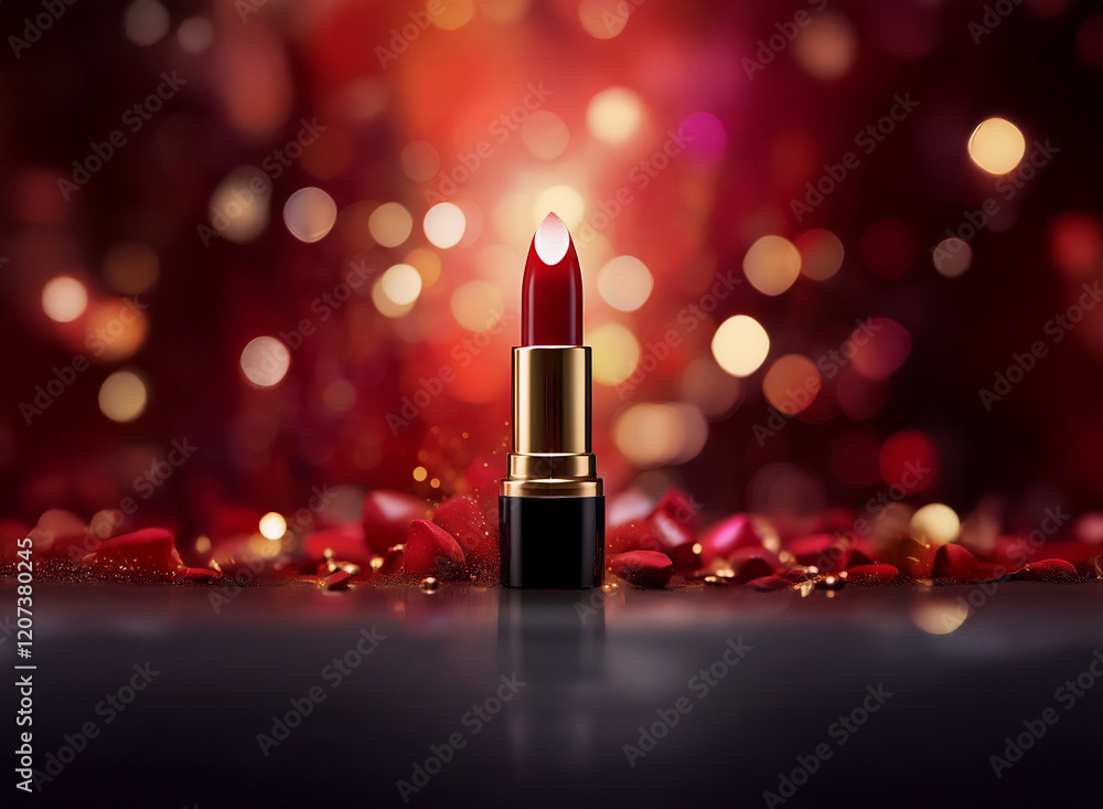 Poster a single tube of classic red lipstick sits on a dark surface, surrounded by red petals and a bokeh o