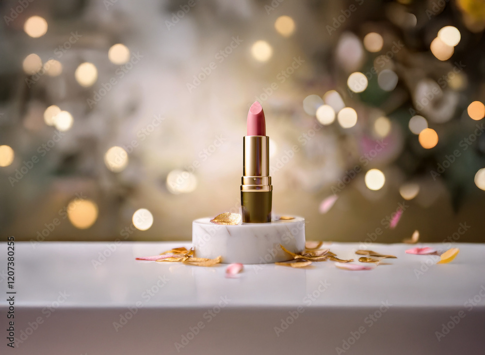 Poster a single tube of pink lipstick sits on a marble disc, surrounded by delicate flower petals. a bokeh 