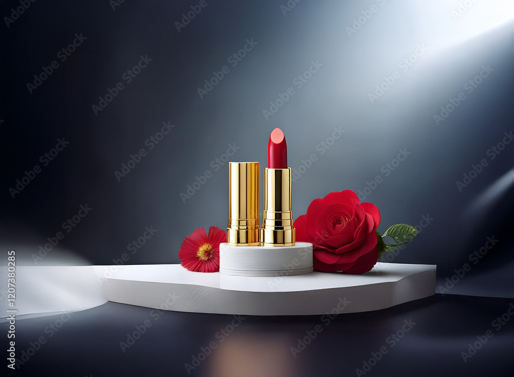 Poster a luxurious red lipstick rests on a minimalist white platform, adorned with delicate roses. the gold