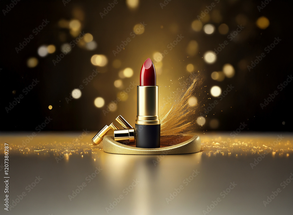 Poster Luxurious red lipstick on a golden display with sparkling background.  The cap is slightly askew, adding a touch of elegance.