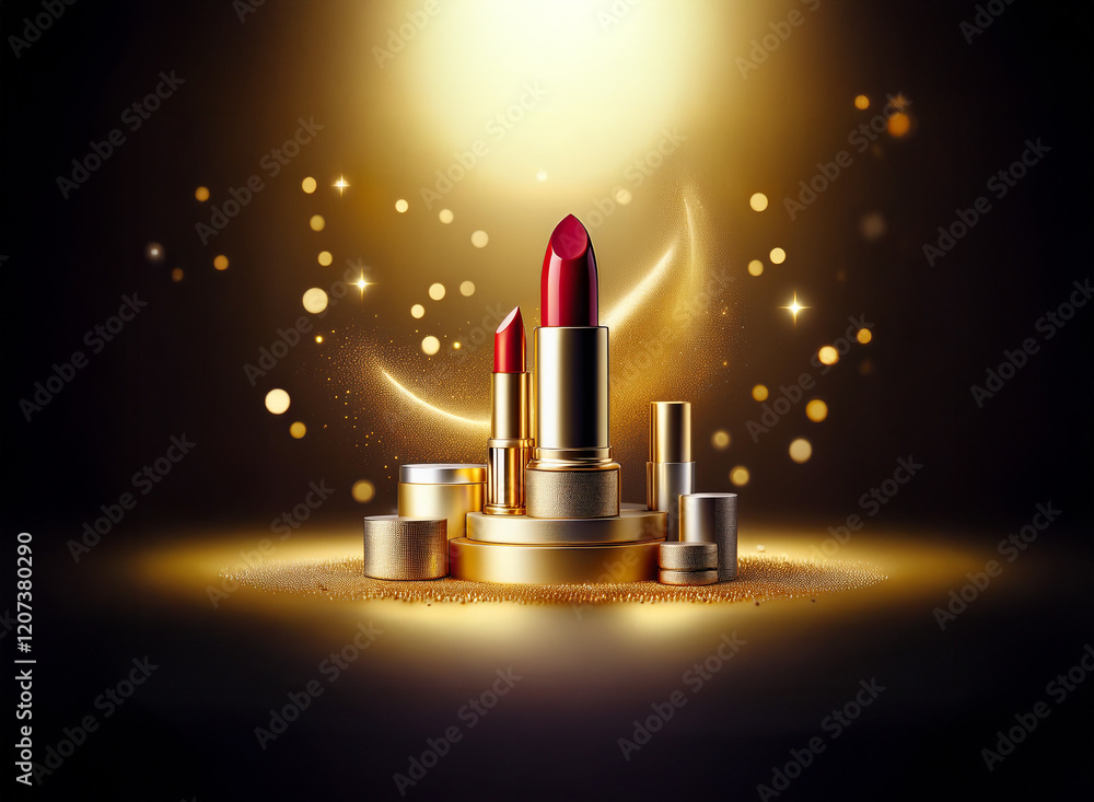 Poster luxurious red lipstick and gold cosmetic containers arranged on a crescent moon-shaped platform, ill