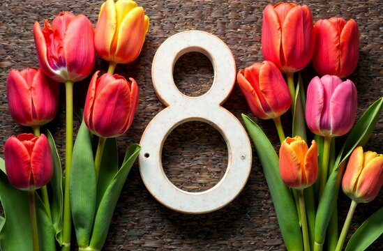 Red tulips and the number 8. The layout of the postcard for International Women's Day