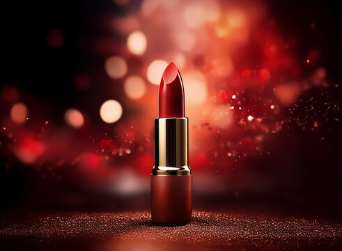 A single tube of crimson lipstick stands on a glittery surface against a bokeh backdrop of warm, red tones.  The rich color and luxurious feel are emphasized by the dark, moody lighting.