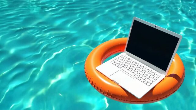 Laptop on orange inflatable lap floating in clear pool water with glare of sunlight. Concept of vacation, office weekend, do not disturb, always on call. Mockup, template for design or text