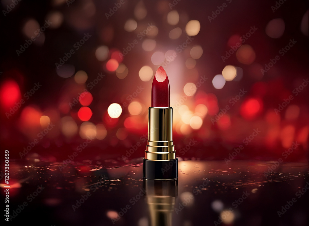 Poster a single tube of rich red lipstick stands out against a shimmering, dark red background of bokeh lig