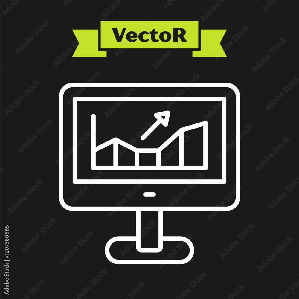 Poster white line computer with stocks market growth graphs and money icon isolated on black background. mo